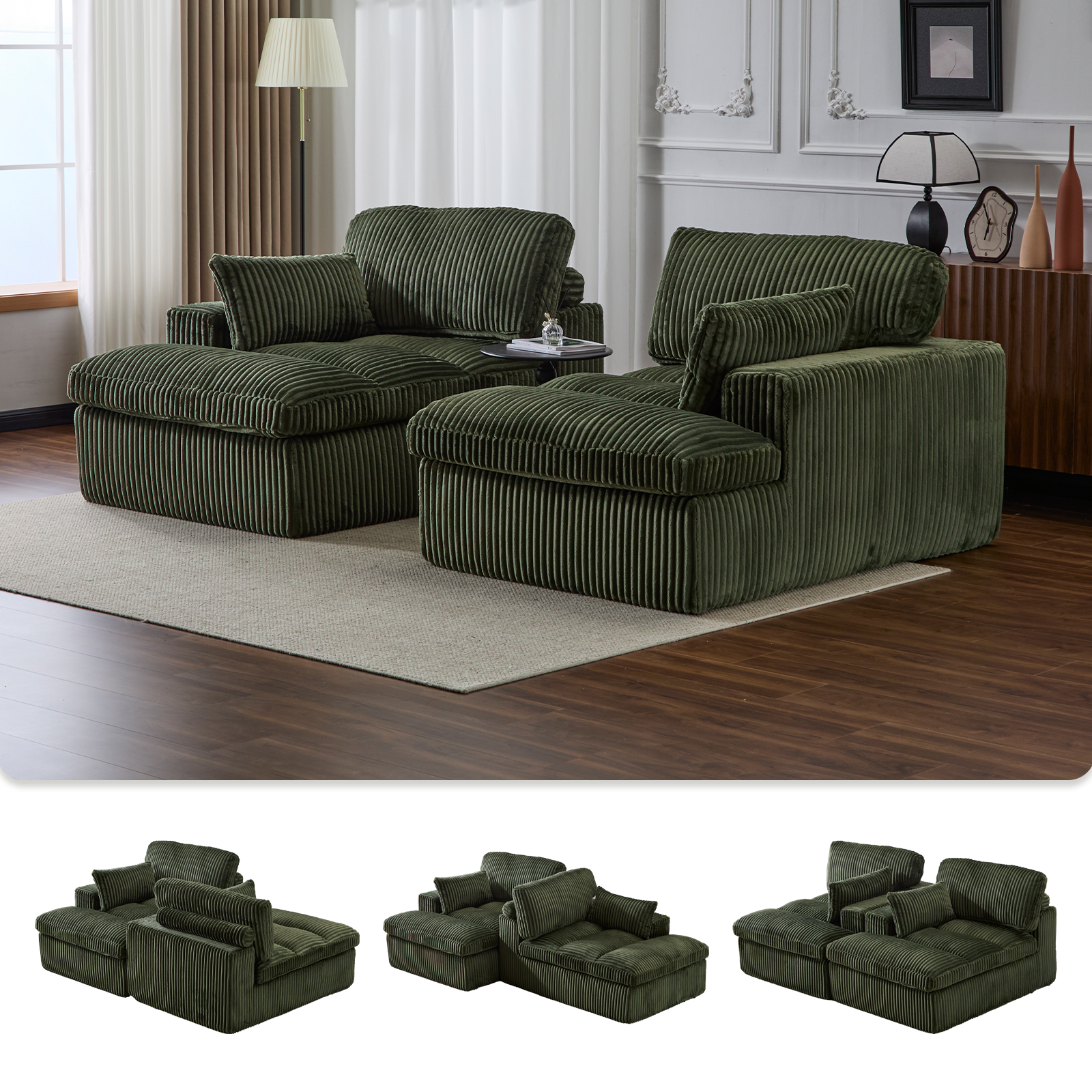Double Chaise Lounge Chair Indoor,Oversized Upholstered Sleeper Cloud Couch,Deep Seat Luxury Sofa Bed,Sectional Sofa Chaise Love-seat,Corduroy Reading Chair For Living Room,No Assembly Required,Green