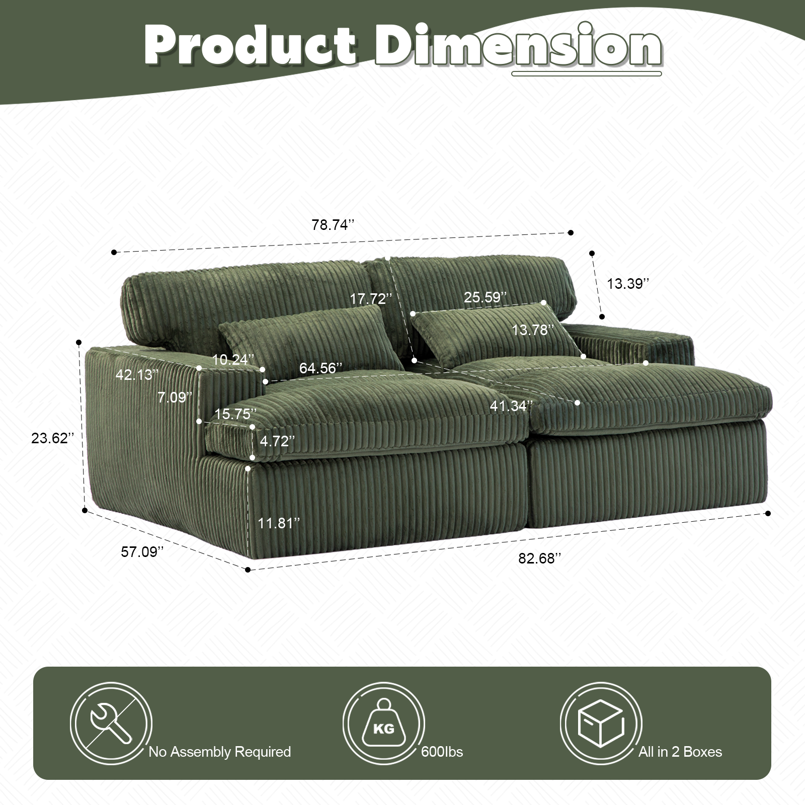 Double Chaise Lounge Chair Indoor,Oversized Upholstered Sleeper Cloud Couch,Deep Seat Luxury Sofa Bed,Sectional Sofa Chaise Love-seat,Corduroy Reading Chair For Living Room,No Assembly Required,Green